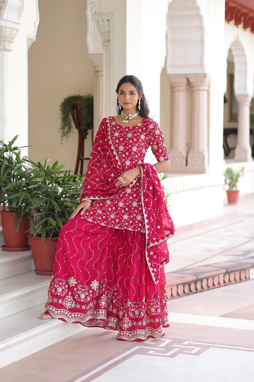 Pink Elegant Faux Georgette Sequins Embroidered Kurti with Sharara & Dupatta Set – Premium Party & Festive Wear ClothsVilla