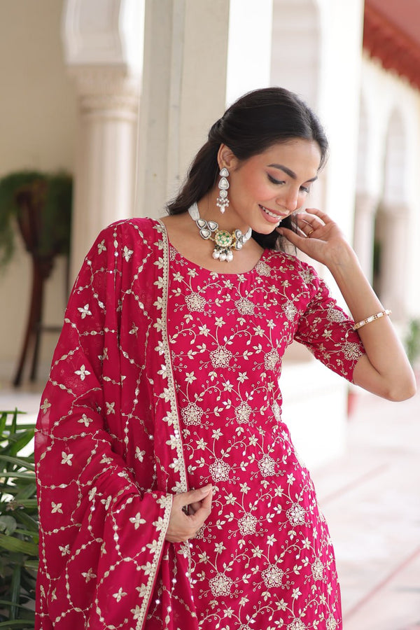 Pink Elegant Faux Georgette Sequins Embroidered Kurti with Sharara & Dupatta Set – Premium Party & Festive Wear ClothsVilla