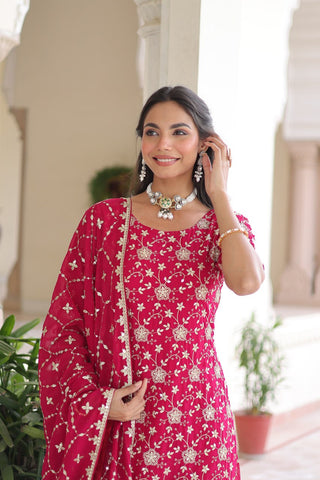 Pink Elegant Faux Georgette Sequins Embroidered Kurti with Sharara & Dupatta Set – Premium Party & Festive Wear ClothsVilla