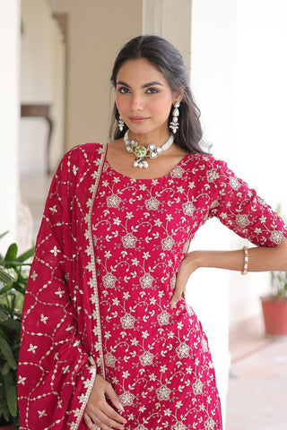 Pink Elegant Faux Georgette Sequins Embroidered Kurti with Sharara & Dupatta Set – Premium Party & Festive Wear ClothsVilla