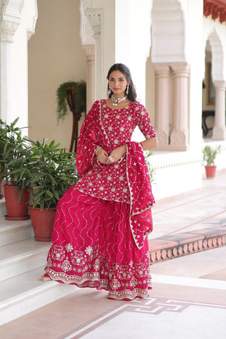 Pink Elegant Faux Georgette Sequins Embroidered Kurti with Sharara & Dupatta Set – Premium Party & Festive Wear ClothsVilla