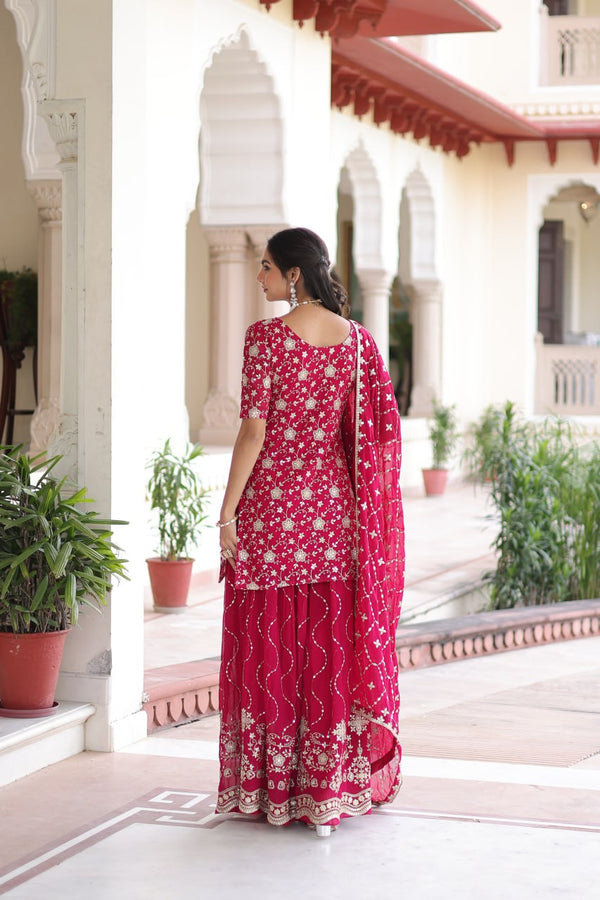 Pink Elegant Faux Georgette Sequins Embroidered Kurti with Sharara & Dupatta Set – Premium Party & Festive Wear ClothsVilla