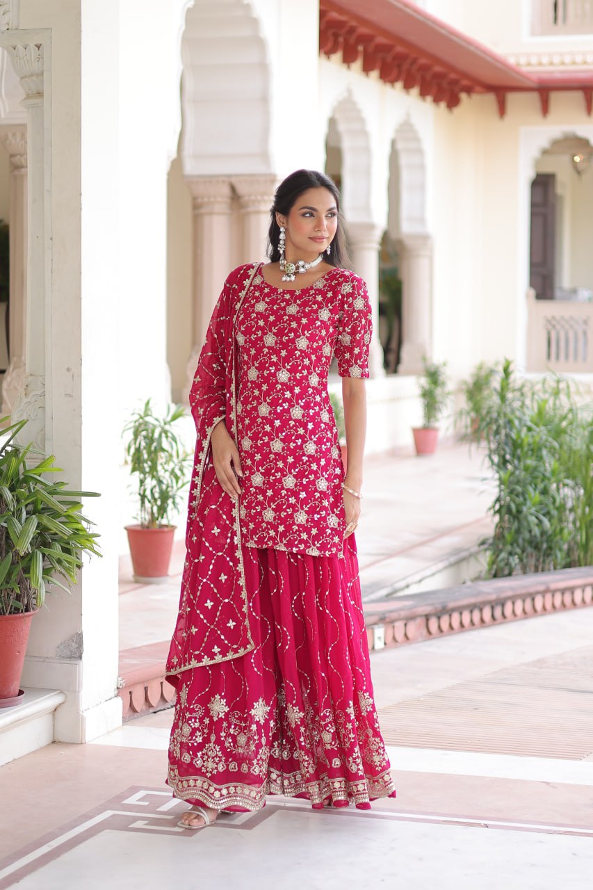Pink Elegant Faux Georgette Sequins Embroidered Kurti with Sharara & Dupatta Set – Premium Party & Festive Wear ClothsVilla