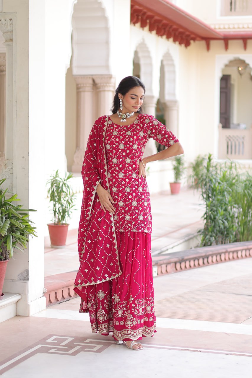 Pink Elegant Faux Georgette Sequins Embroidered Kurti with Sharara & Dupatta Set – Premium Party & Festive Wear ClothsVilla