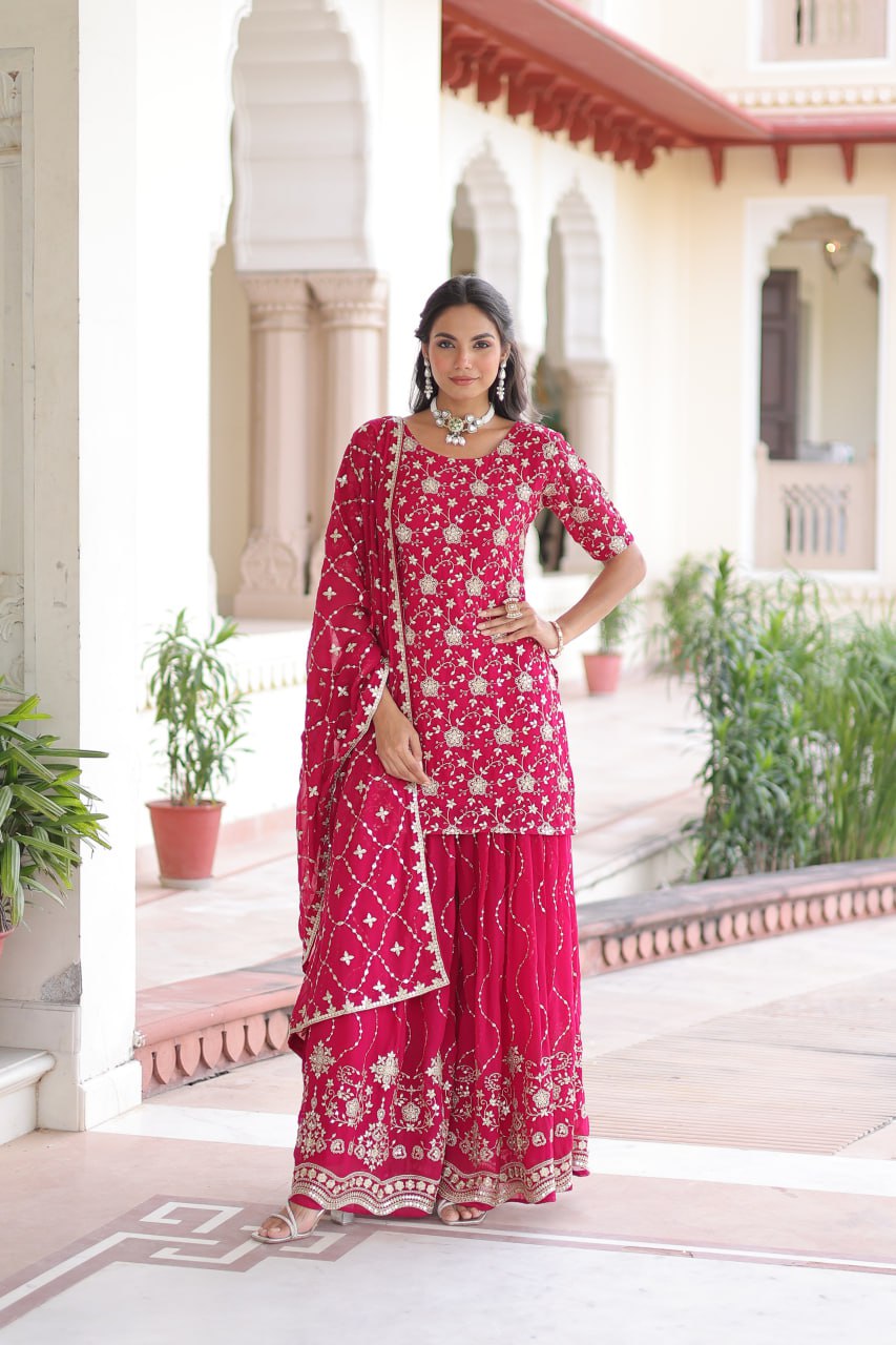 Pink Elegant Faux Georgette Sequins Embroidered Kurti with Sharara & Dupatta Set – Premium Party & Festive Wear ClothsVilla