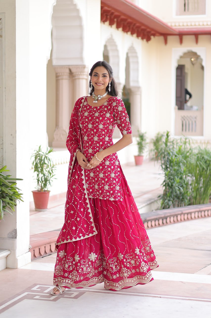 Pink Elegant Faux Georgette Sequins Embroidered Kurti with Sharara & Dupatta Set – Premium Party & Festive Wear ClothsVilla
