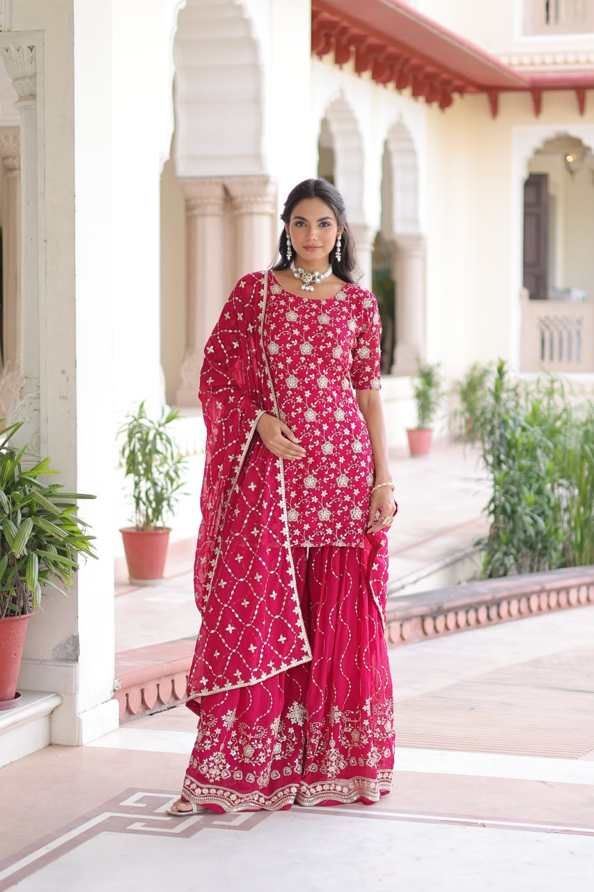 Pink Elegant Faux Georgette Sequins Embroidered Kurti with Sharara & Dupatta Set – Premium Party & Festive Wear ClothsVilla