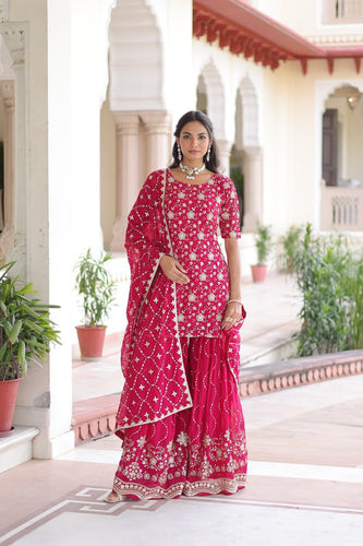 Pink Elegant Faux Georgette Sequins Embroidered Kurti with Sharara & Dupatta Set – Premium Party & Festive Wear ClothsVilla