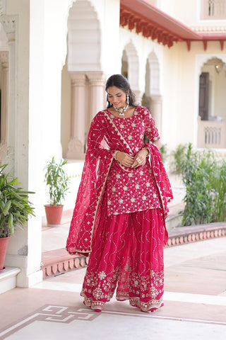 Pink Elegant Faux Georgette Sequins Embroidered Kurti with Sharara & Dupatta Set – Premium Party & Festive Wear ClothsVilla