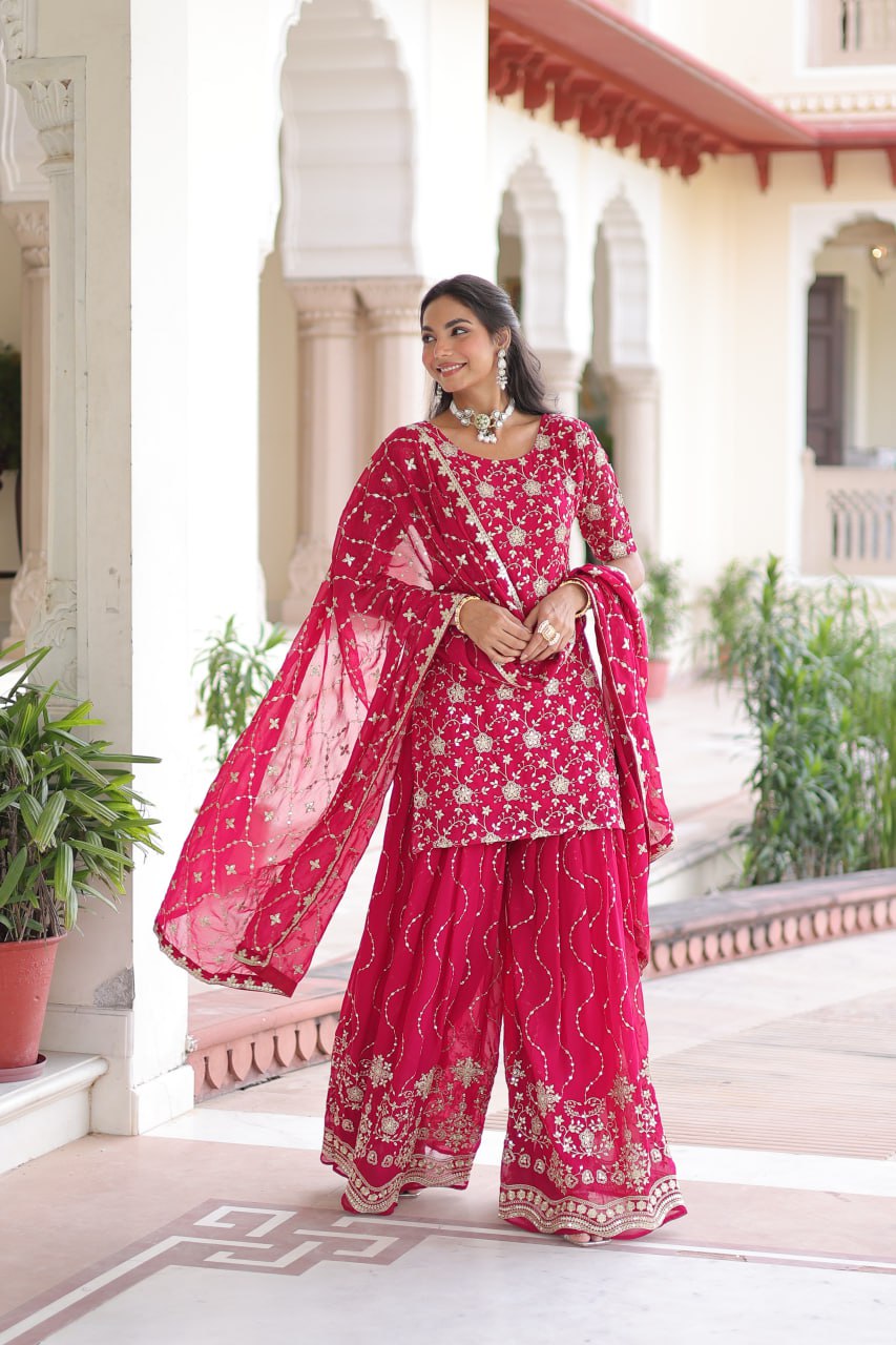 Pink Elegant Faux Georgette Sequins Embroidered Kurti with Sharara & Dupatta Set – Premium Party & Festive Wear ClothsVilla