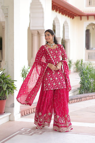 Pink Elegant Faux Georgette Sequins Embroidered Kurti with Sharara & Dupatta Set – Premium Party & Festive Wear ClothsVilla