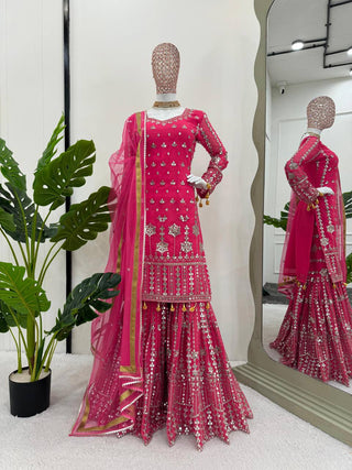 Pink Elegant Faux Georgette Sharara Set with Butterfly Net Dupatta Clothsvilla