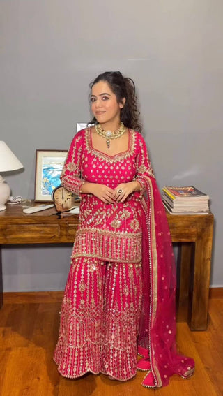 Pink Elegant Faux Georgette Sharara Set with Butterfly Net Dupatta Clothsvilla