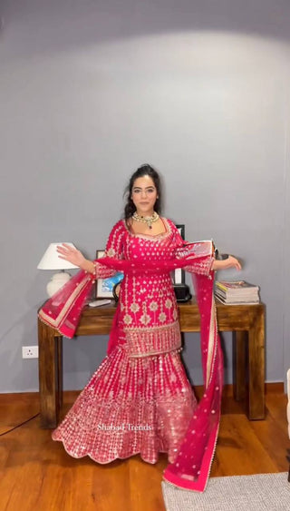 Pink Elegant Faux Georgette Sharara Set with Butterfly Net Dupatta Clothsvilla