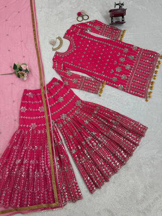Pink Elegant Faux Georgette Sharara Set with Butterfly Net Dupatta Clothsvilla