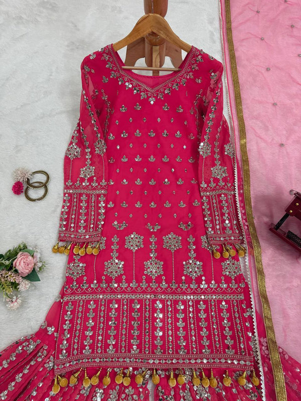 Pink Elegant Faux Georgette Sharara Set with Butterfly Net Dupatta Clothsvilla