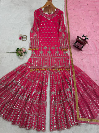 Pink Elegant Faux Georgette Sharara Set with Butterfly Net Dupatta Clothsvilla
