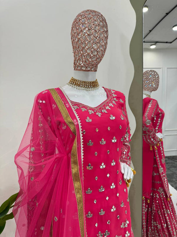 Pink Elegant Faux Georgette Sharara Set with Butterfly Net Dupatta Clothsvilla