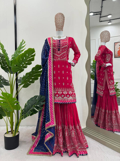 Pink Elegant Faux Georgette Sharara Set with Dupatta ClothsVilla Main image