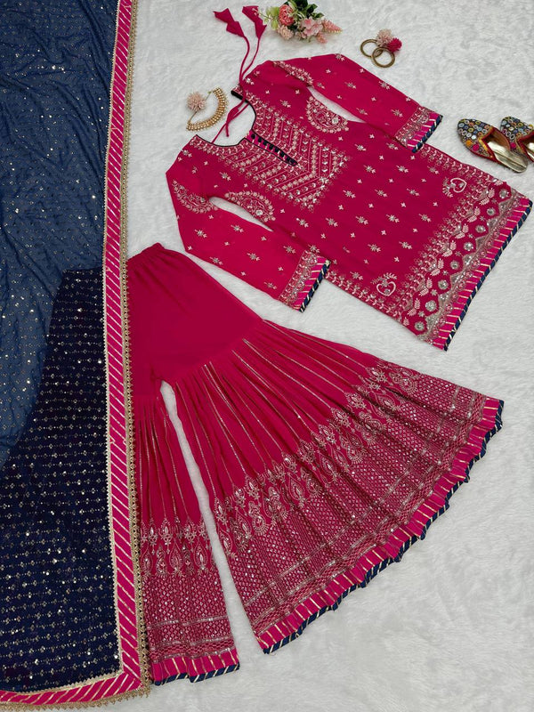 Pink Elegant Faux Georgette Sharara Set with Dupatta ClothsVilla