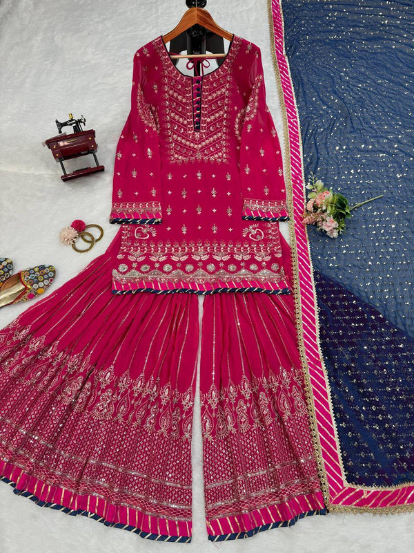 Pink Elegant Faux Georgette Sharara Set with Dupatta ClothsVilla