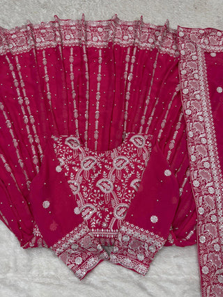 Pink Elegant Faux Georgette Thread & Sequin Embellished Suit Set with Rivet Moti Detailing ClothsVilla