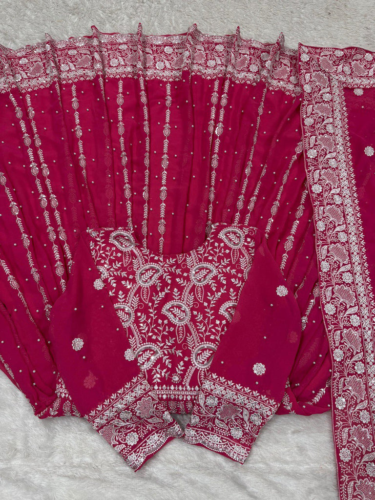 Pink Elegant Faux Georgette Thread & Sequin Embellished Suit Set with Rivet Moti Detailing ClothsVilla