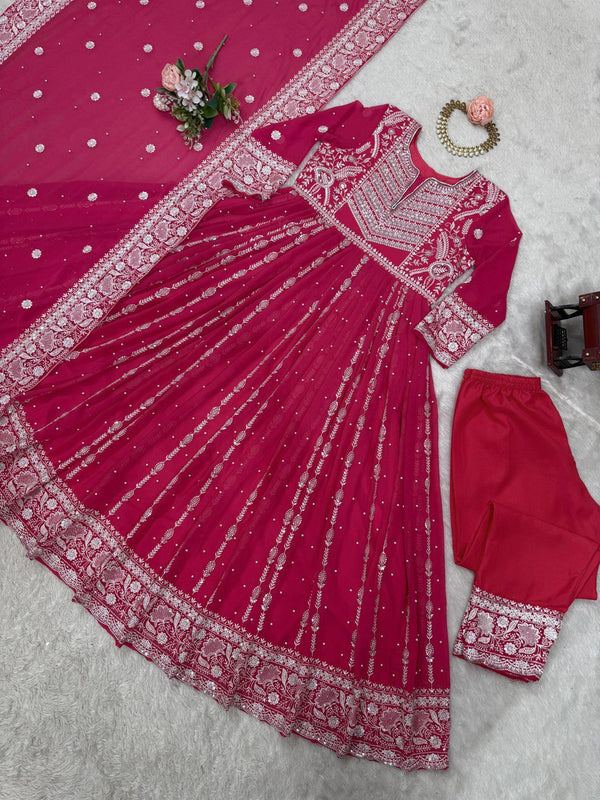 Pink Elegant Faux Georgette Thread & Sequin Embellished Suit Set with Rivet Moti Detailing ClothsVilla