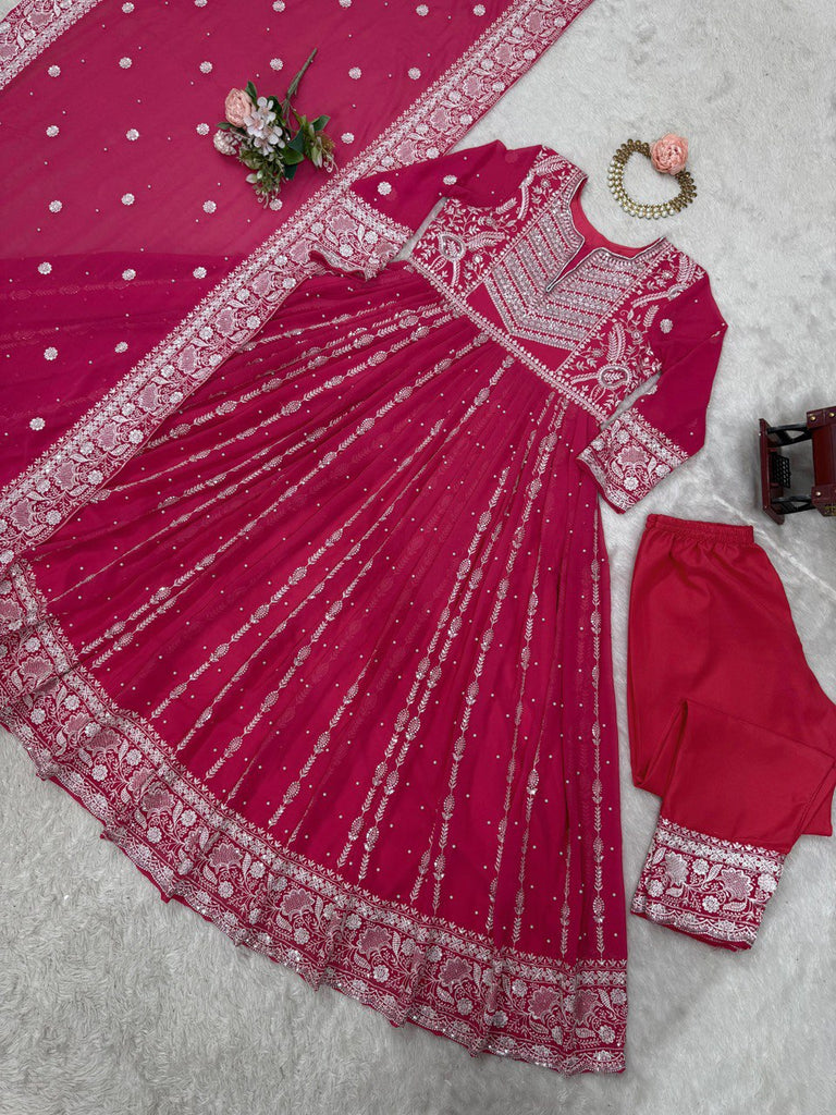 Pink Elegant Faux Georgette Thread & Sequin Embellished Suit Set with Rivet Moti Detailing ClothsVilla
