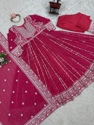 Pink Elegant Faux Georgette Thread & Sequin Embellished Suit Set with Rivet Moti Detailing ClothsVilla