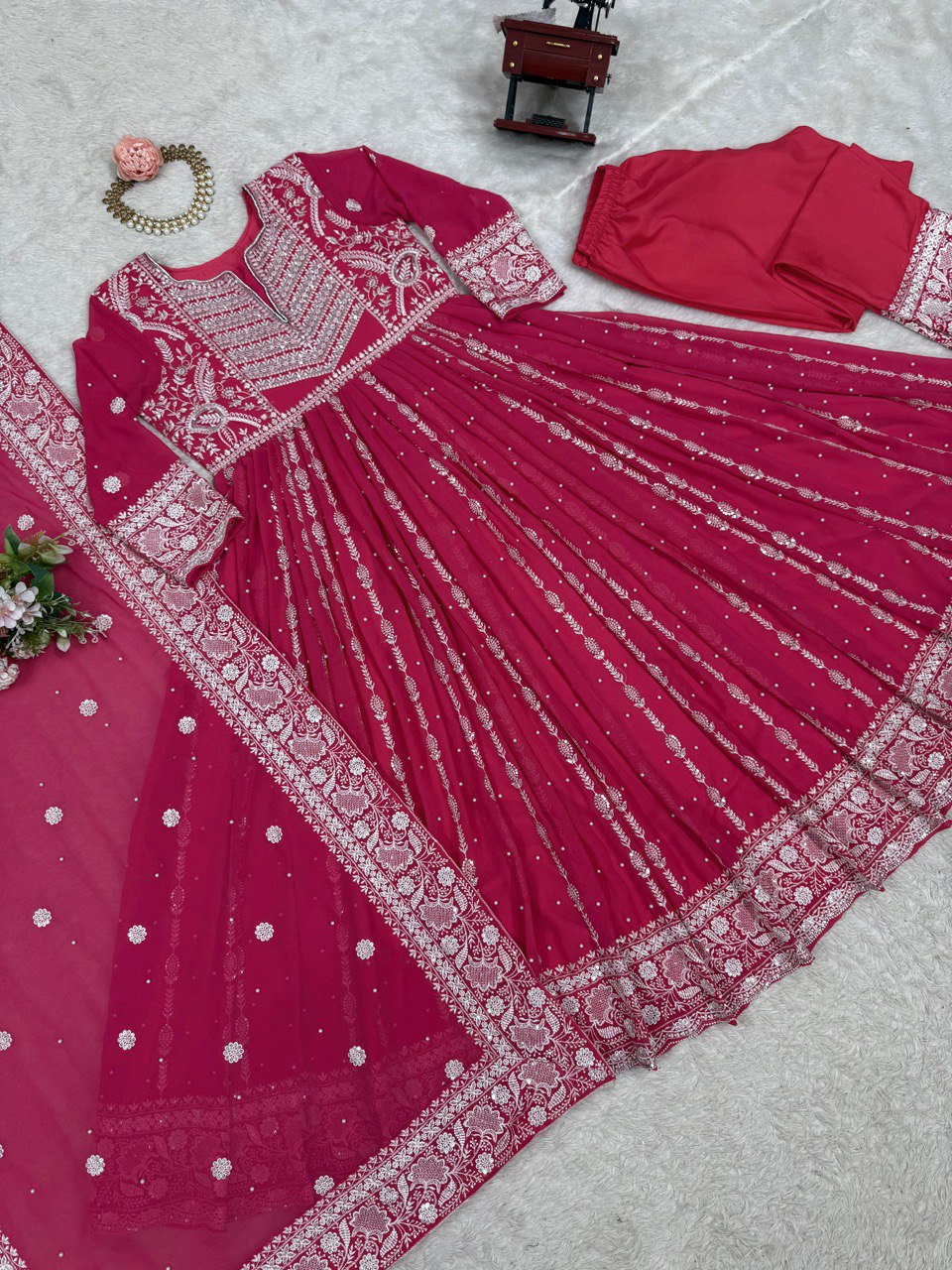 Pink Elegant Faux Georgette Thread & Sequin Embellished Suit Set with Rivet Moti Detailing ClothsVilla