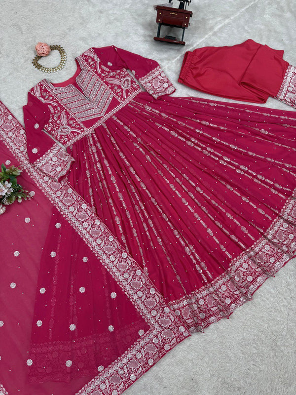 Pink Elegant Faux Georgette Thread & Sequin Embellished Suit Set with Rivet Moti Detailing ClothsVilla