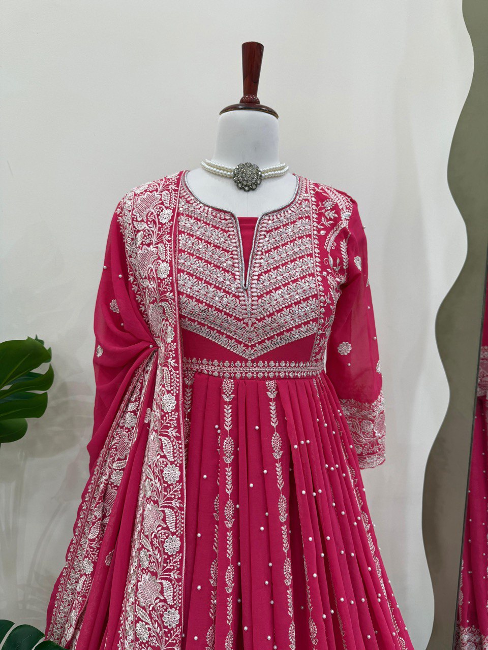Pink Elegant Faux Georgette Thread & Sequin Embellished Suit Set with Rivet Moti Detailing ClothsVilla