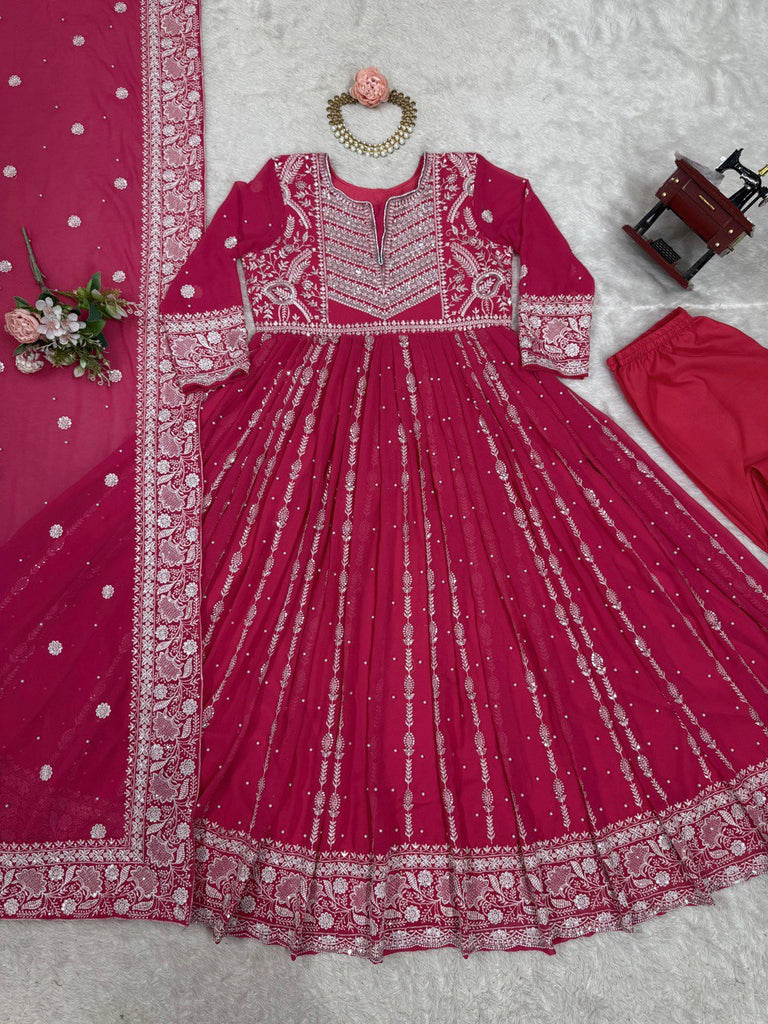Pink Elegant Faux Georgette Thread & Sequin Embellished Suit Set with Rivet Moti Detailing ClothsVilla