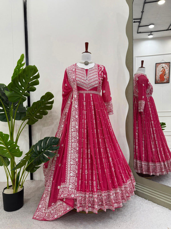 Pink Elegant Faux Georgette Thread & Sequin Embellished Suit Set with Rivet Moti Detailing ClothsVilla