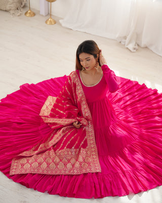 Pink Elegant Festive Pure Romansilk Chanderi Anarkali Suit with Banarasi Dupatta