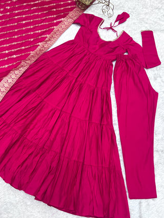 Pink Elegant Festive Pure Romansilk Chanderi Anarkali Suit with Banarasi Dupatta