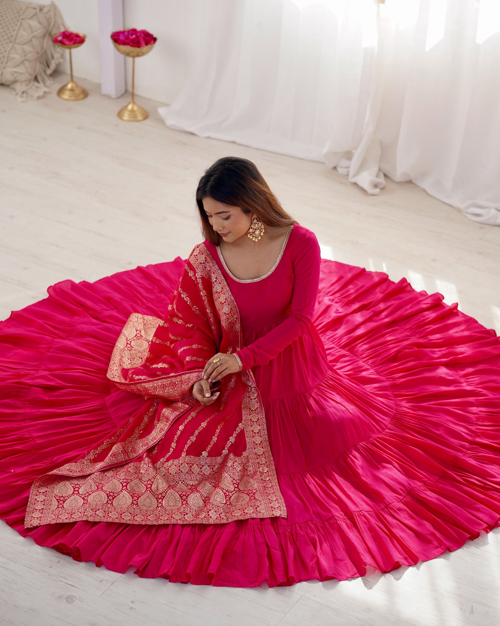 Pink Elegant Festive Pure Romansilk Chanderi Anarkali Suit with Banarasi Dupatta