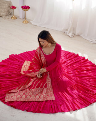 Pink Elegant Festive Pure Romansilk Chanderi Anarkali Suit with Banarasi Dupatta