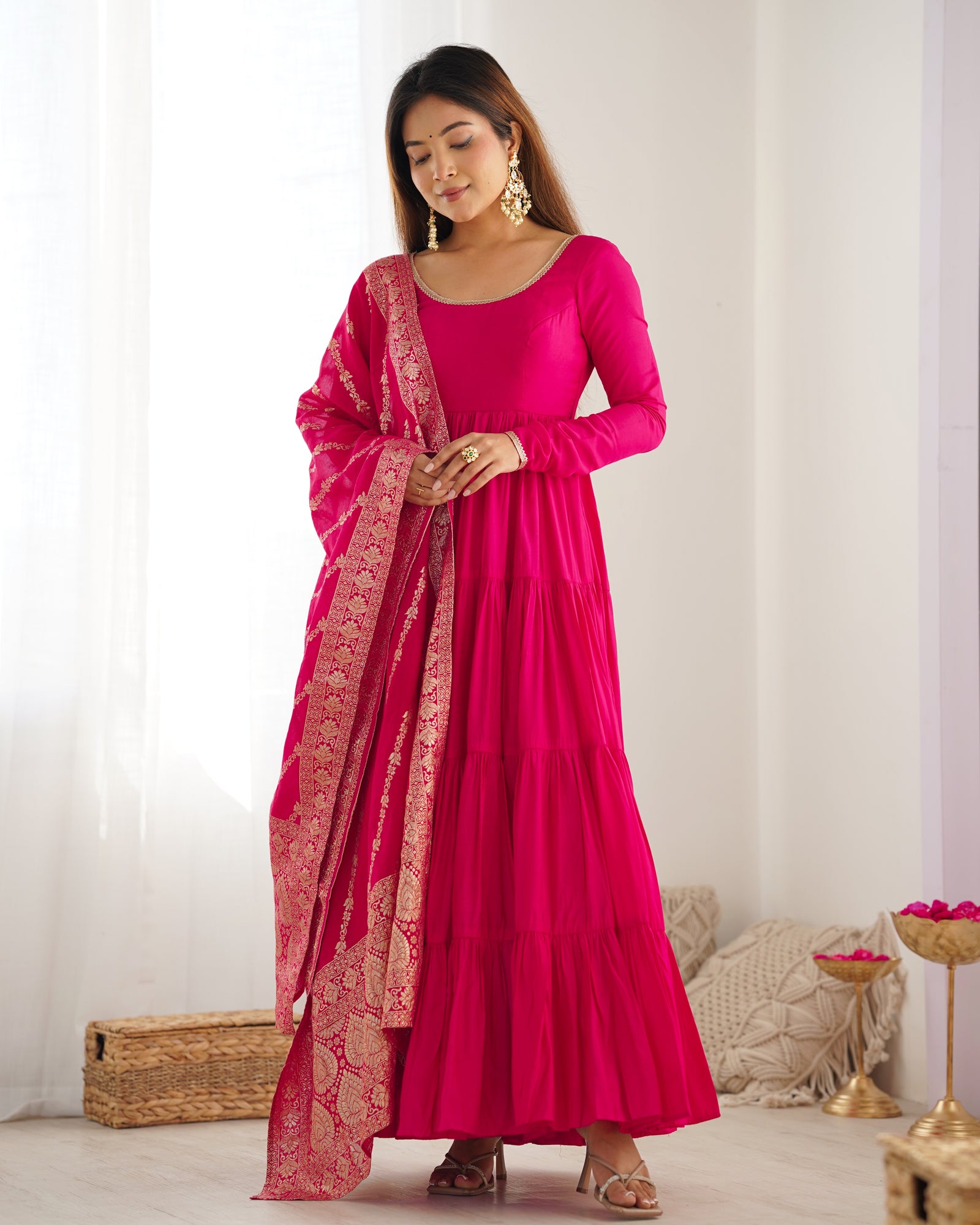 Pink Elegant Festive Pure Romansilk Chanderi Anarkali Suit with Banarasi Dupatta