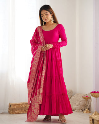 Pink Elegant Festive Pure Romansilk Chanderi Anarkali Suit with Banarasi Dupatta