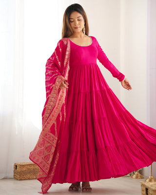 Pink Elegant Festive Pure Romansilk Chanderi Anarkali Suit with Banarasi Dupatta