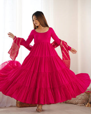 Pink Elegant Festive Pure Romansilk Chanderi Anarkali Suit with Banarasi Dupatta