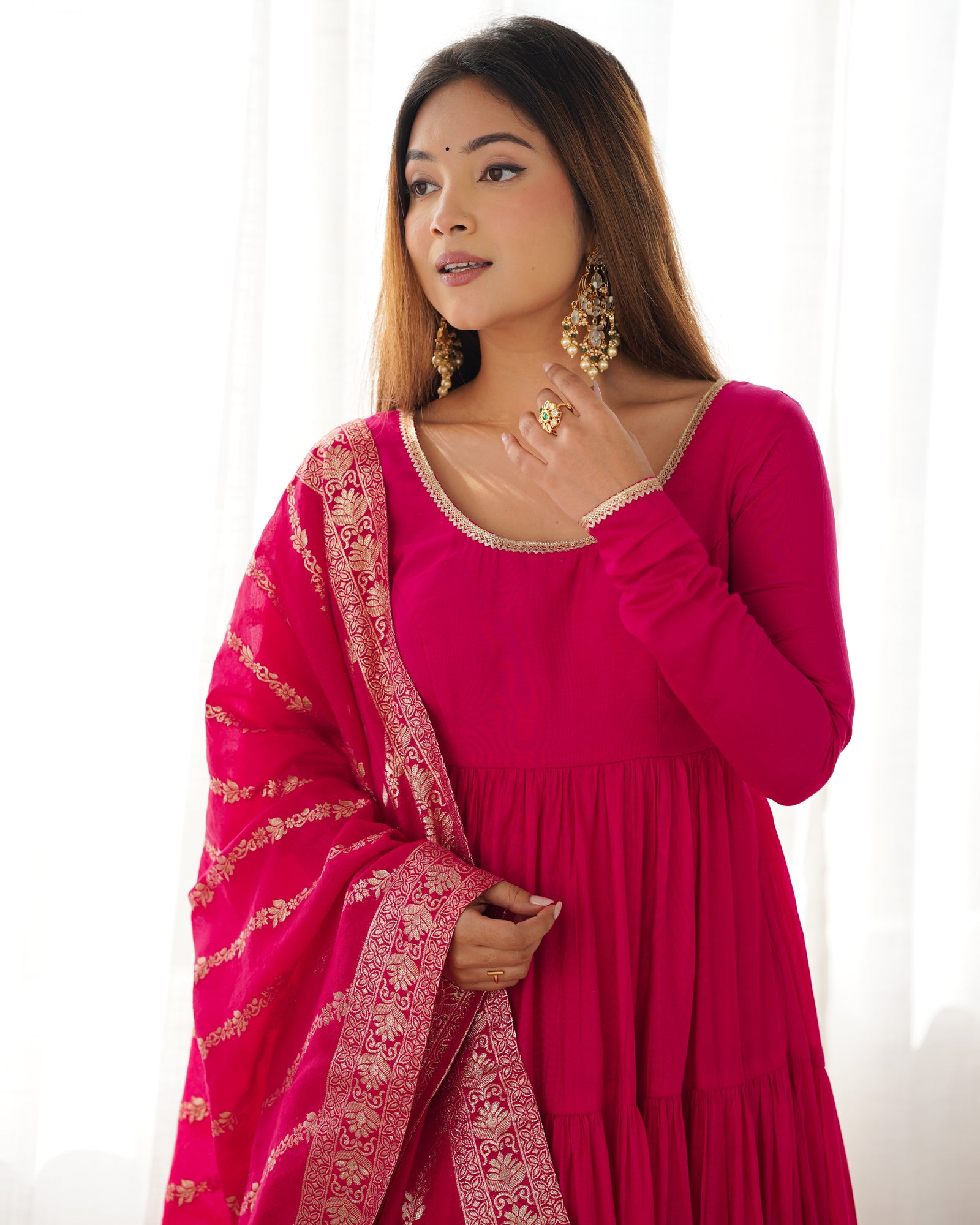 Pink Elegant Festive Pure Romansilk Chanderi Anarkali Suit with Banarasi Dupatta