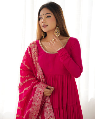 Pink Elegant Festive Pure Romansilk Chanderi Anarkali Suit with Banarasi Dupatta