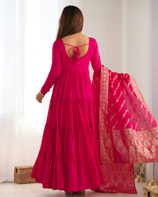 Pink Elegant Festive Pure Romansilk Chanderi Anarkali Suit with Banarasi Dupatta