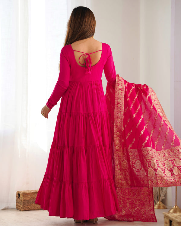 Pink Elegant Festive Pure Romansilk Chanderi Anarkali Suit with Banarasi Dupatta