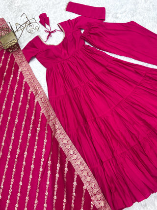 Pink Elegant Festive Pure Romansilk Chanderi Anarkali Suit with Banarasi Dupatta