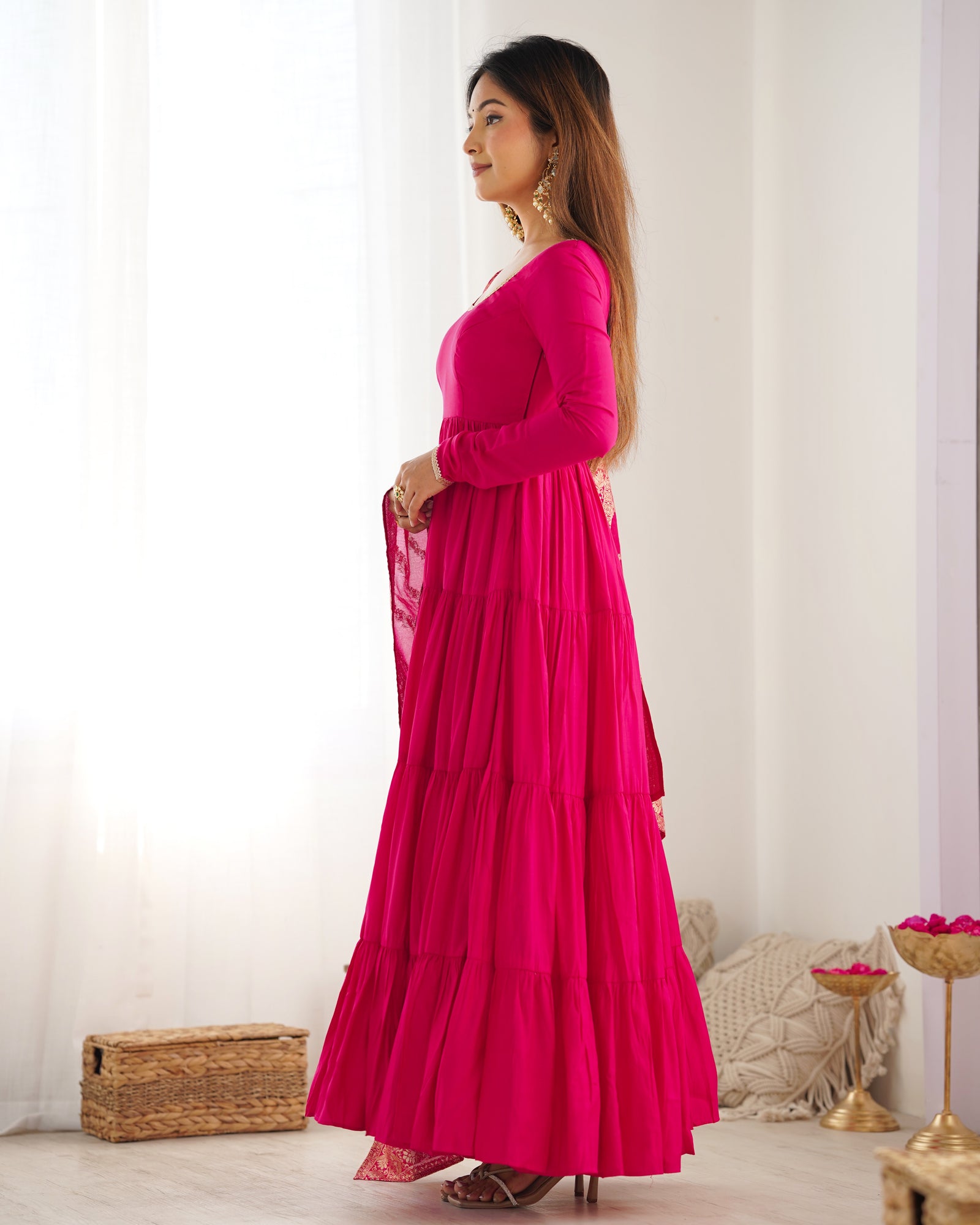 Pink Elegant Festive Pure Romansilk Chanderi Anarkali Suit with Banarasi Dupatta