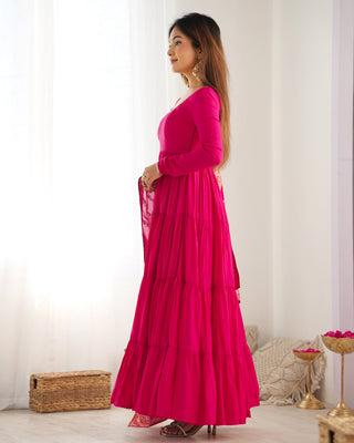 Pink Elegant Festive Pure Romansilk Chanderi Anarkali Suit with Banarasi Dupatta